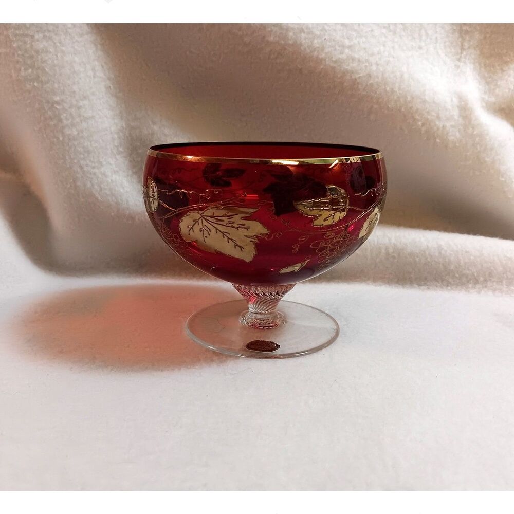 Elegant Bohemia Crystal Czech Ruby short stem sherbet Gold design label